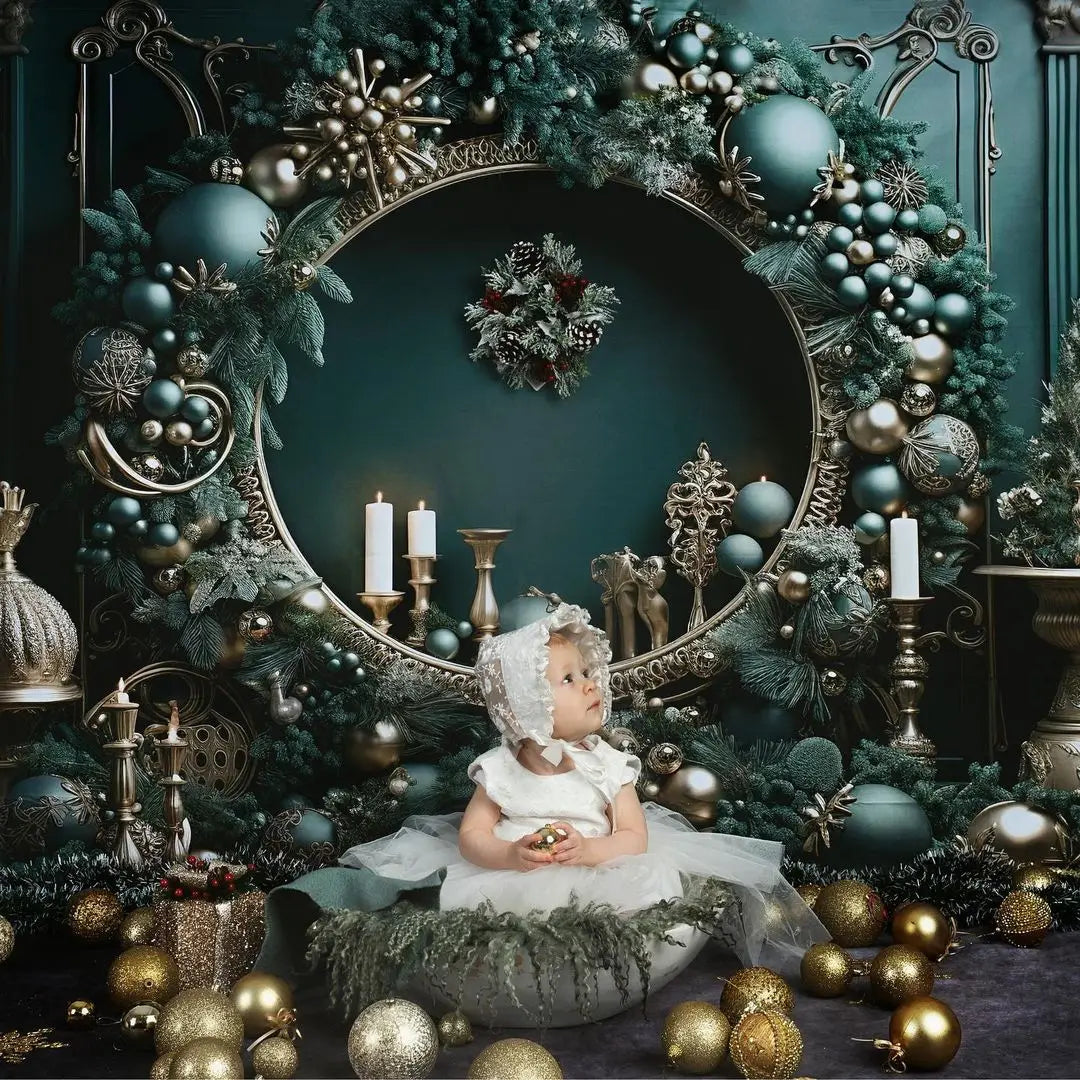 Kate Christmas Vintage Green Wall Big Wreath Fleece Backdrop Designed by Emetselch -UK