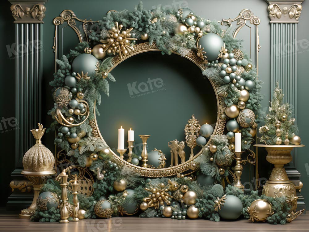 Kate Christmas Vintage Green Wall Big Wreath Fleece Backdrop Designed by Emetselch -UK