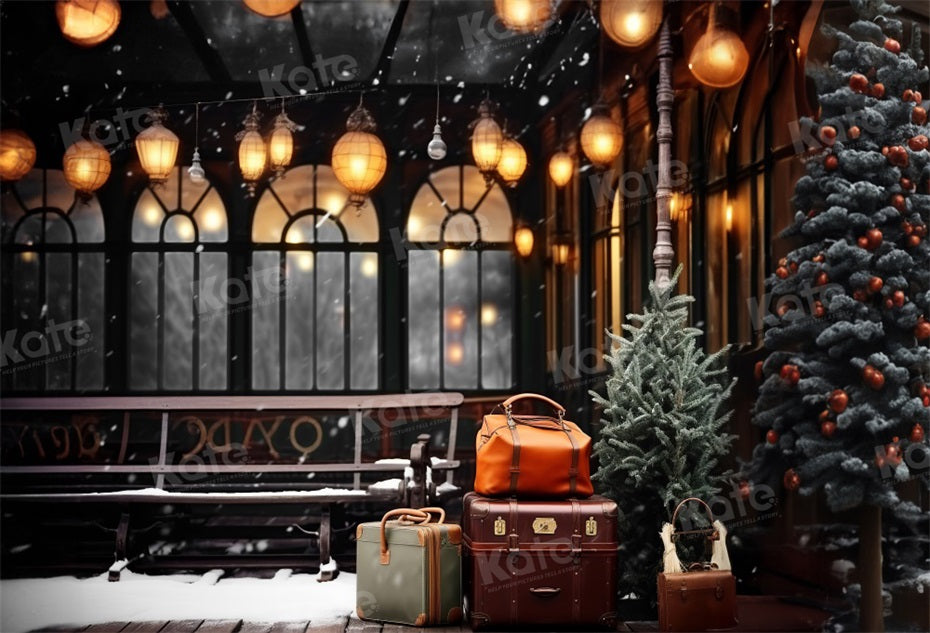 Kate Christmas Winter Train Station Platform Luggage Backdrop for Photography -UK