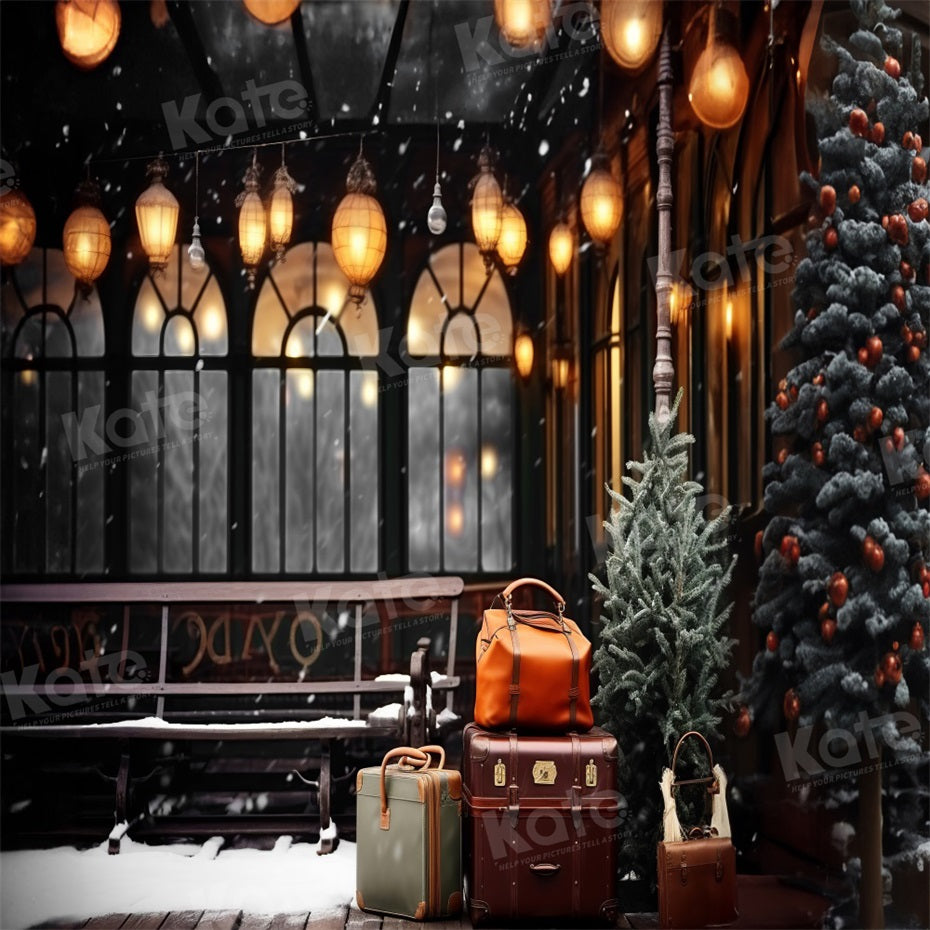 Kate Christmas Winter Train Station Platform Luggage Backdrop for Photography -UK