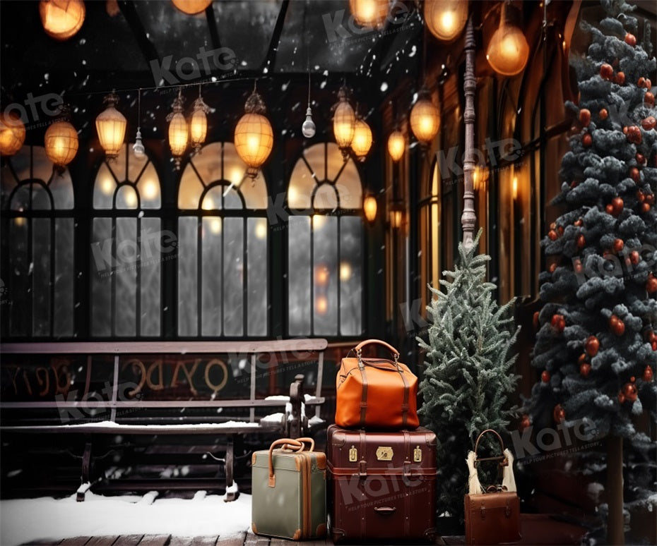 Kate Christmas Winter Train Station Platform Luggage Backdrop for Photography -UK