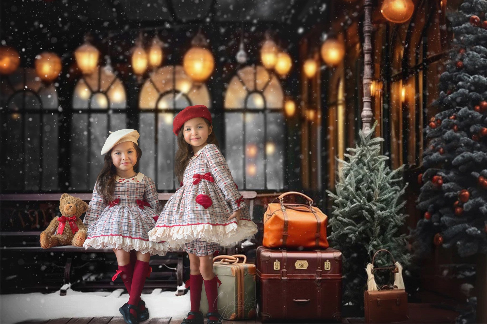 Kate Christmas Winter Train Station Platform Luggage Backdrop for Photography -UK