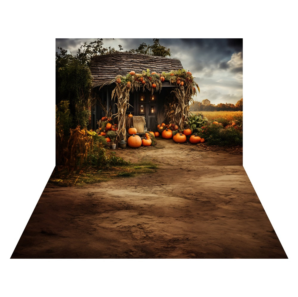 Kate Autumn Field Pumpkin Old House Backdrop+Soil Floor Backdrop -UK