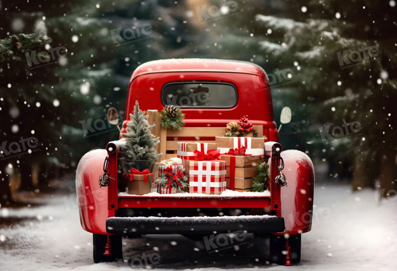 Kate Christmas Snowy Red Car Gifts Backdrop for Photography