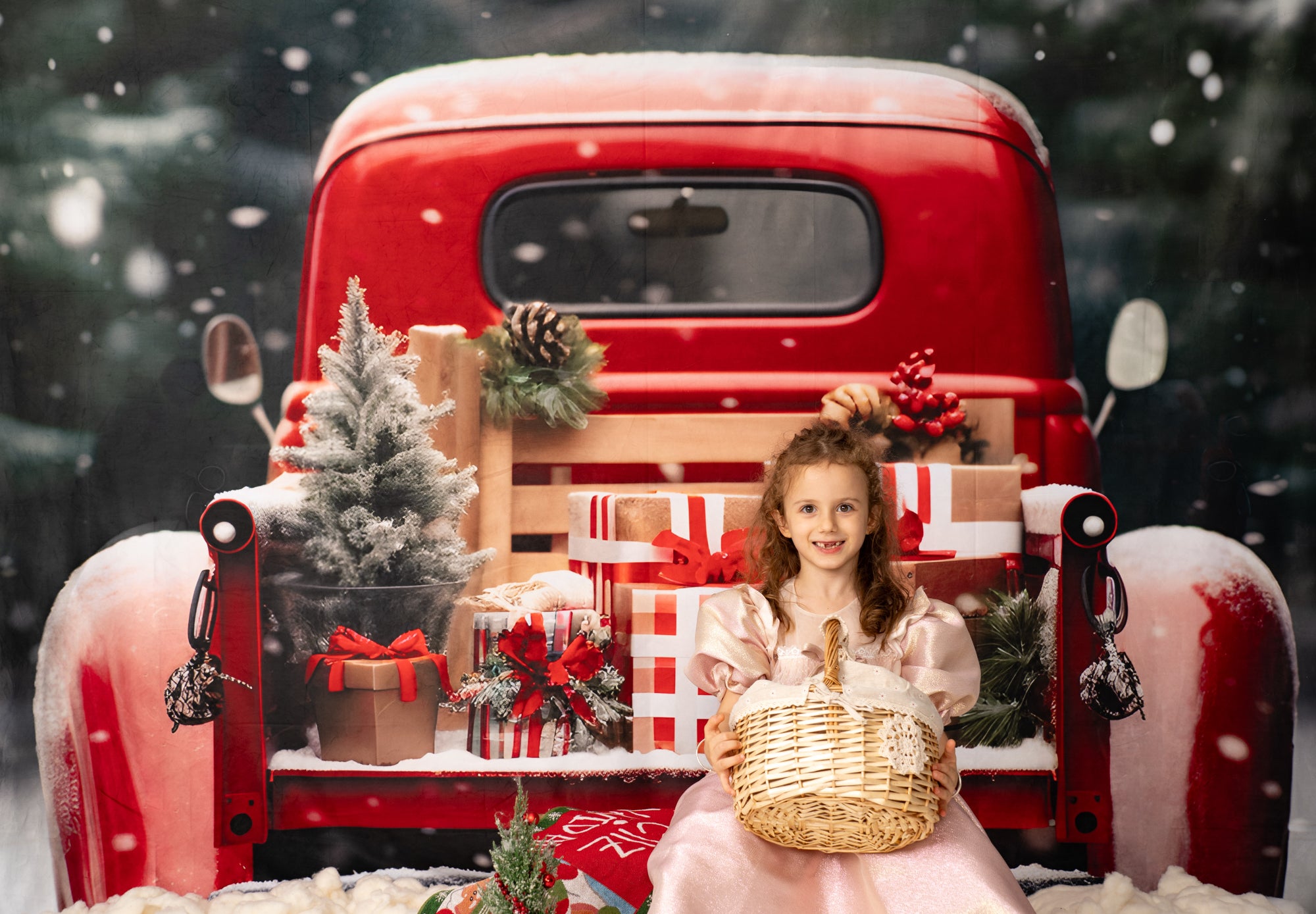 Kate Christmas Snowy Red Car Gifts Backdrop for Photography