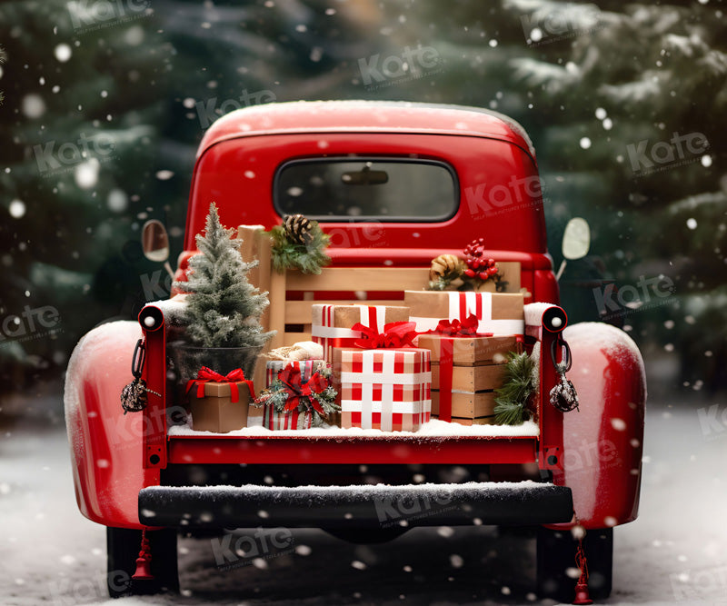 Kate Christmas Snowy Red Car Gifts Backdrop for Photography