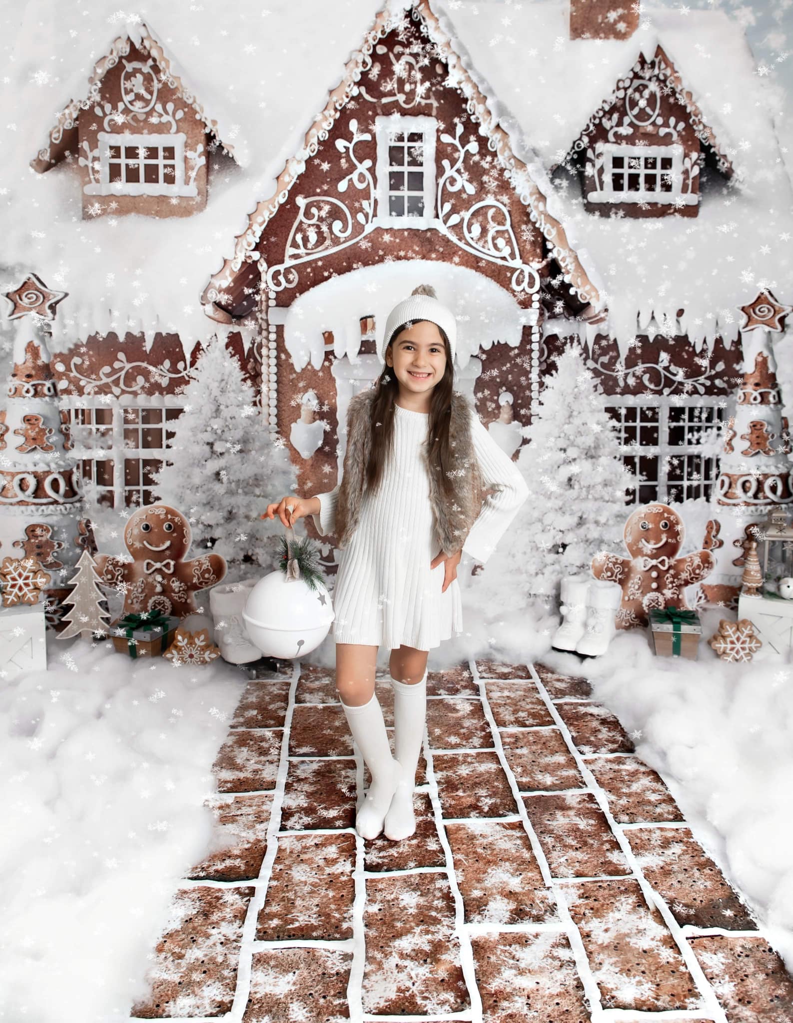 Kate Christmas Snow Gingerbread House Backdrop+Gingerbread House Floor Mat Backdrop