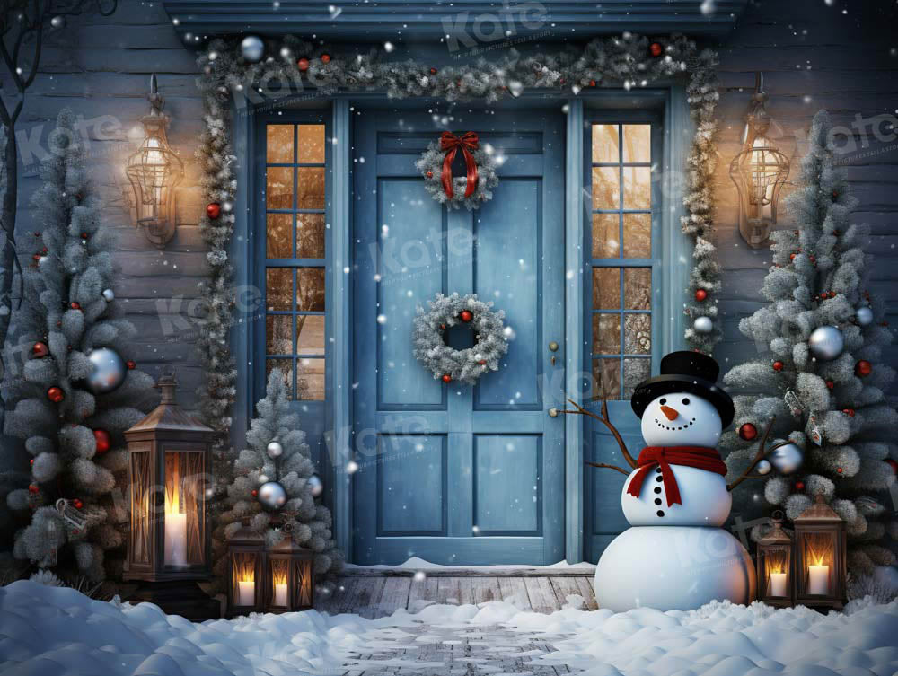 Kate Winter Snowy Blue Door Snowman Backdrop Designed by Chain Photography -UK