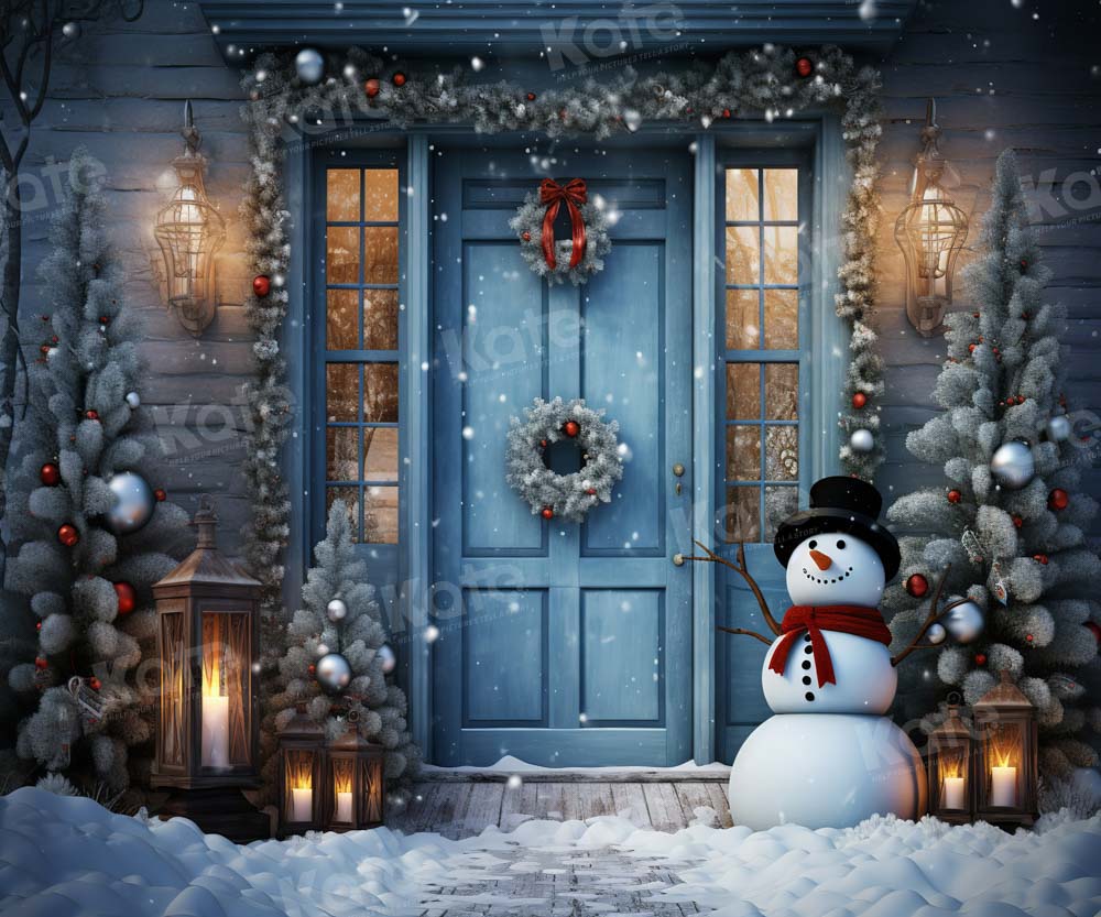 Kate Winter Snowy Blue Door Snowman Backdrop Designed by Chain Photography -UK