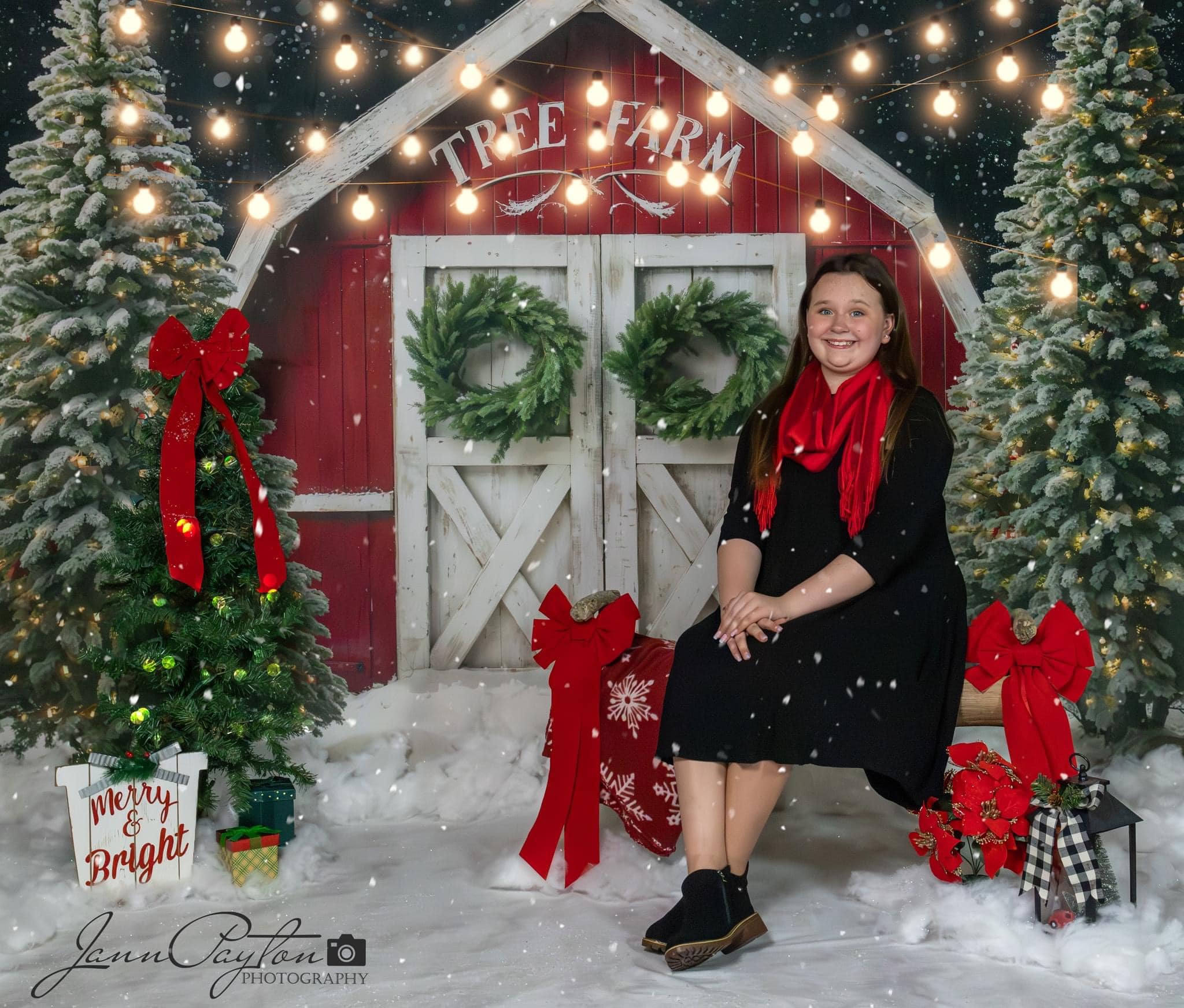 Kate Winter Christmas Tree Farm Red Barn Backdrop Designed by Chain Photography -UK