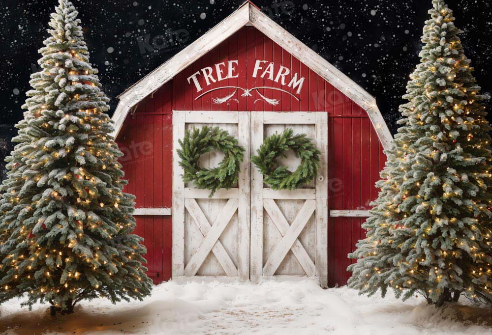 Kate Winter Christmas Tree Farm Red Barn Backdrop Designed by Chain Photography -UK