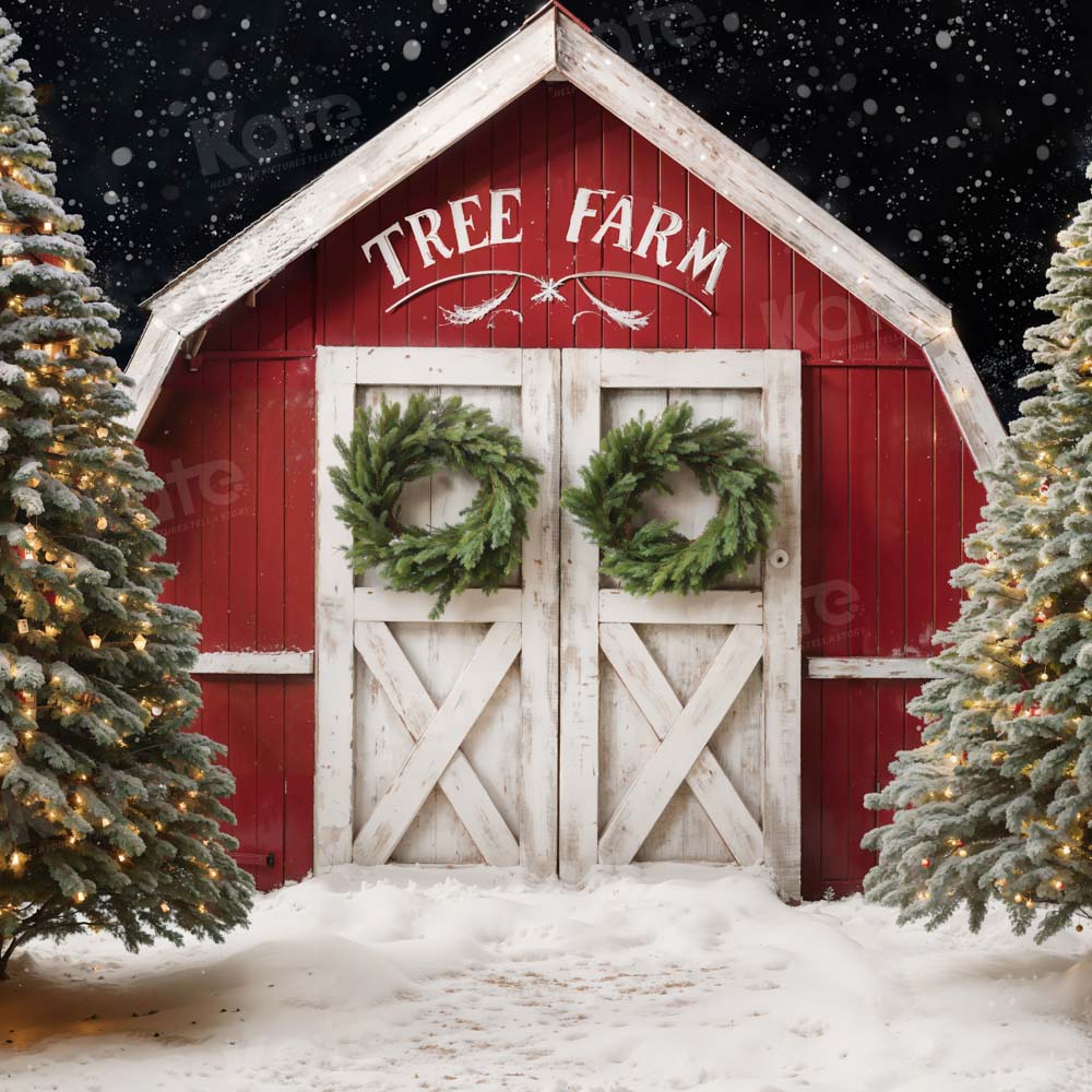 Kate Winter Christmas Tree Farm Red Barn Backdrop Designed by Chain Photography -UK