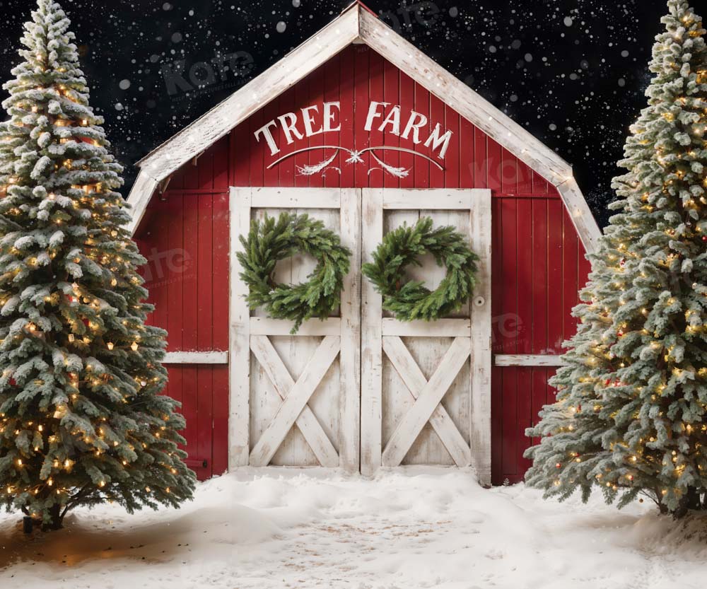 Kate Winter Christmas Tree Farm Red Barn Backdrop Designed by Chain Photography -UK