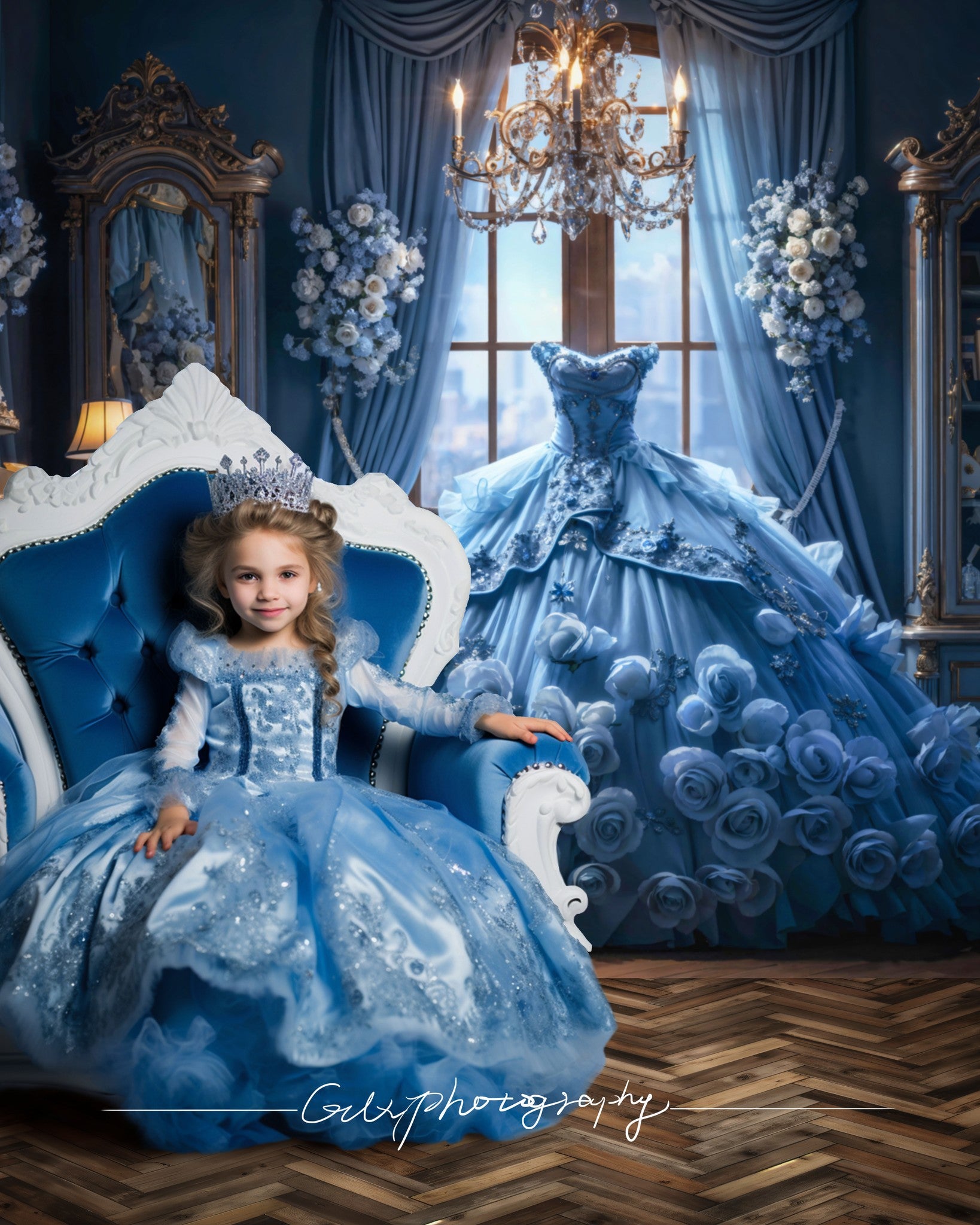 Kate Blue Dress Flower Bedroom Backdrop Designed by GQ