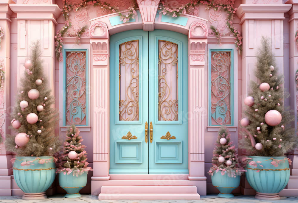 Kate Christmas Pink House Blue Door Backdrop Designed by Emetselch -UK