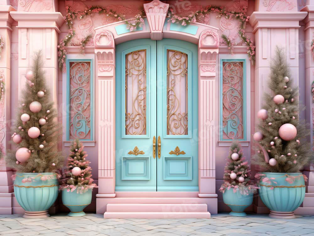 Kate Christmas Pink House Blue Door Backdrop Designed by Emetselch -UK