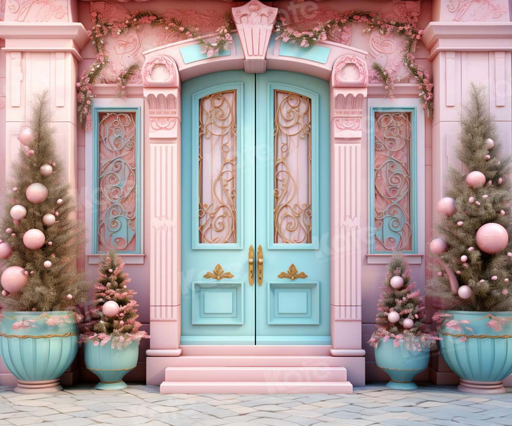 Kate Christmas Pink House Blue Door Backdrop Designed by Emetselch -UK