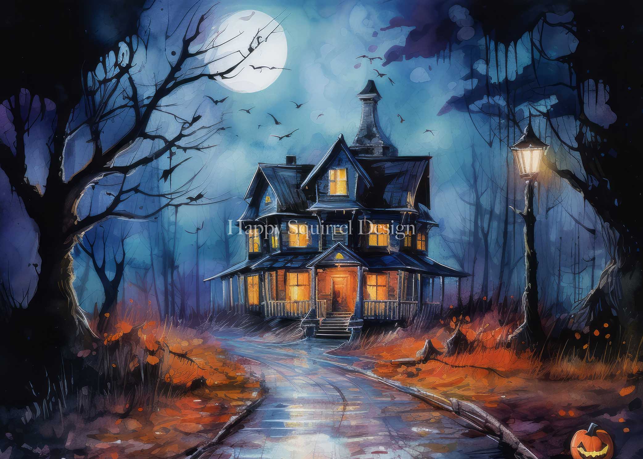 Kate Chilling Halloween House Backdrop Designed by Happy Squirrel Design -UK