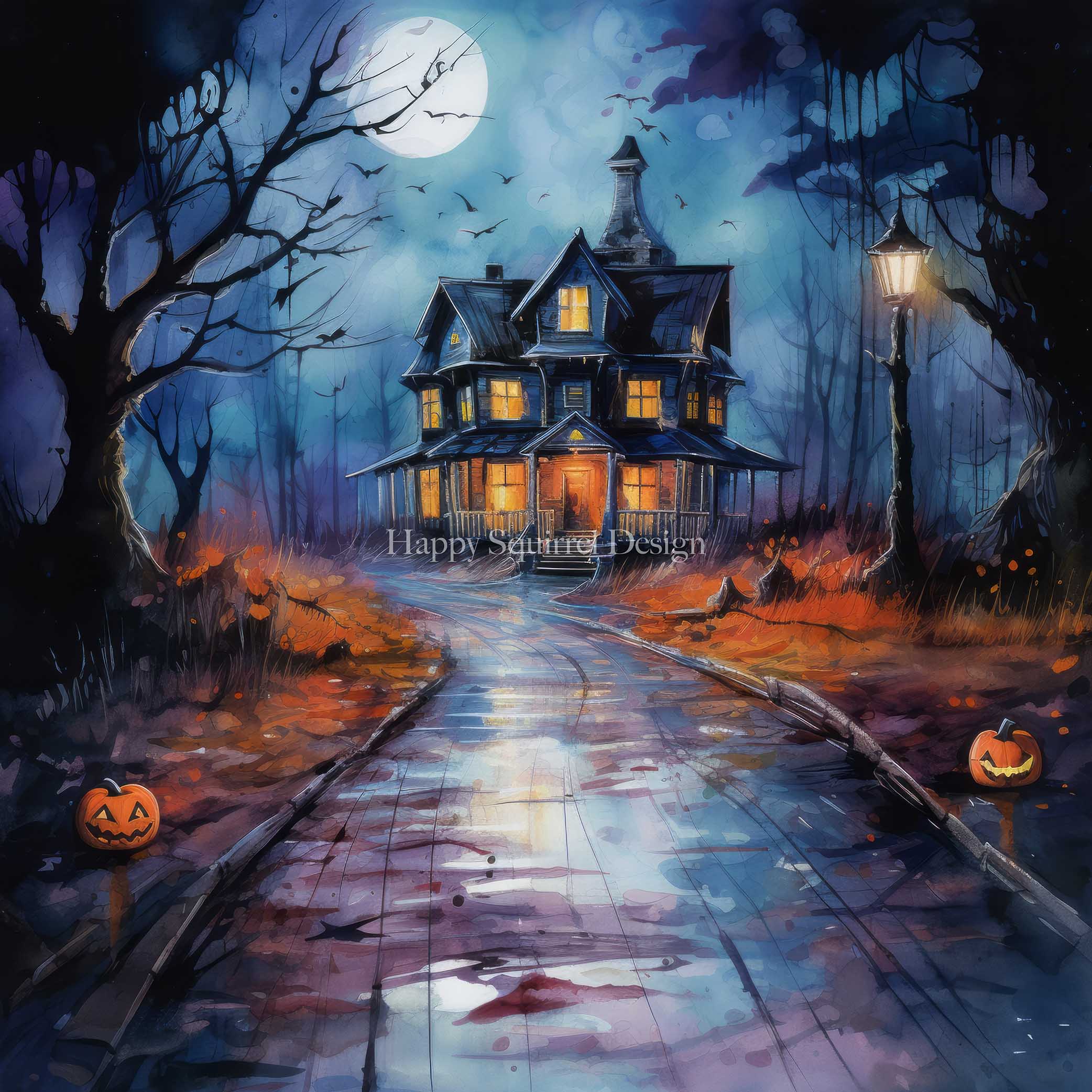 Kate Chilling Halloween House Backdrop Designed by Happy Squirrel Design -UK