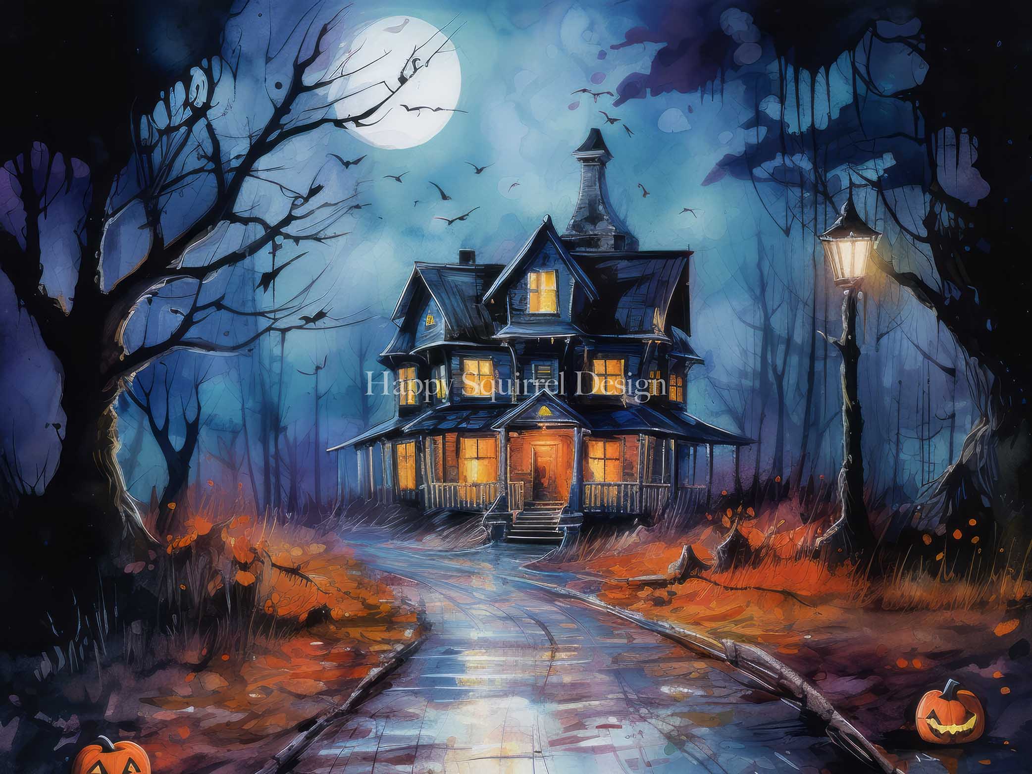 Kate Chilling Halloween House Backdrop Designed by Happy Squirrel Design -UK