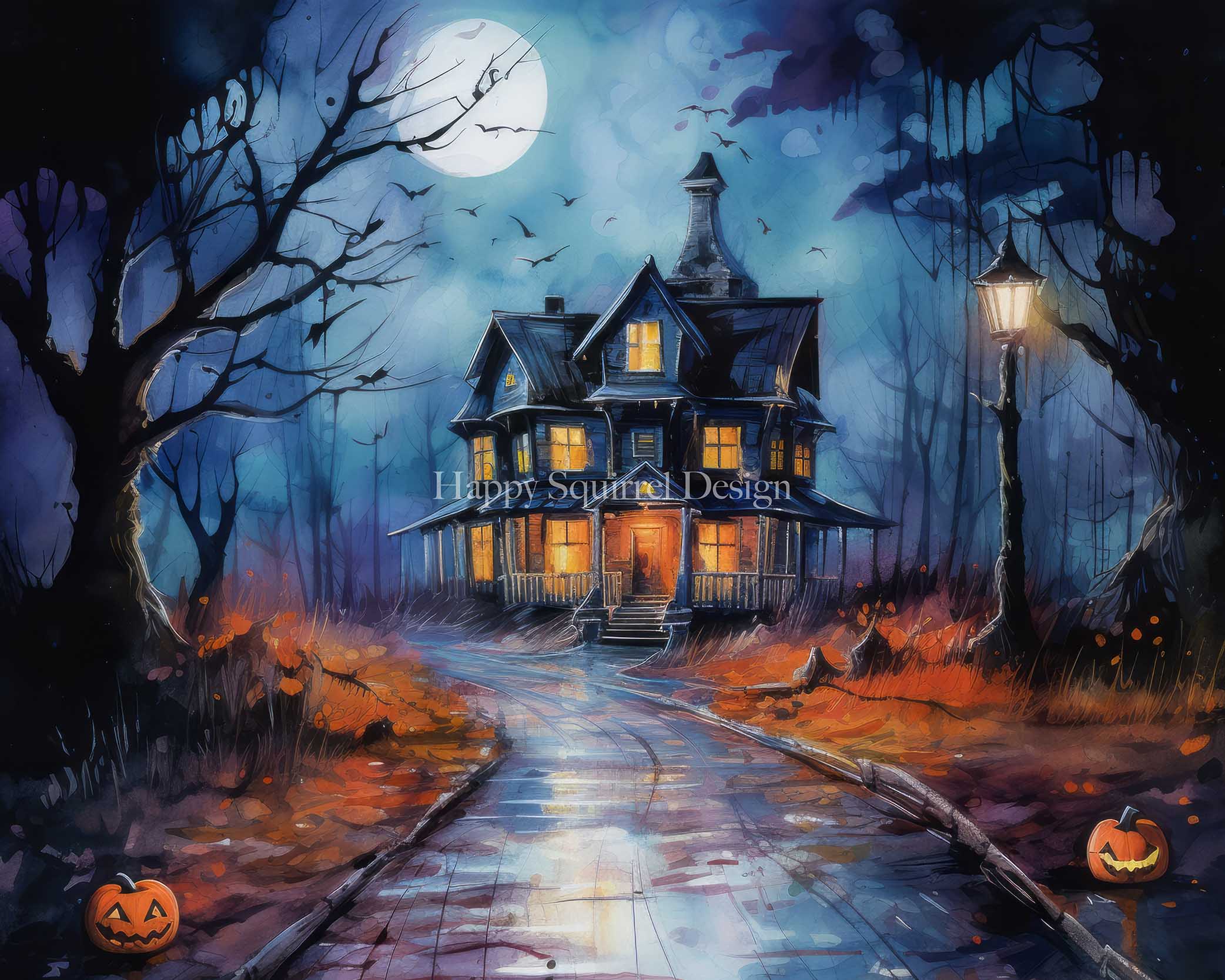 Kate Chilling Halloween House Backdrop Designed by Happy Squirrel Design -UK