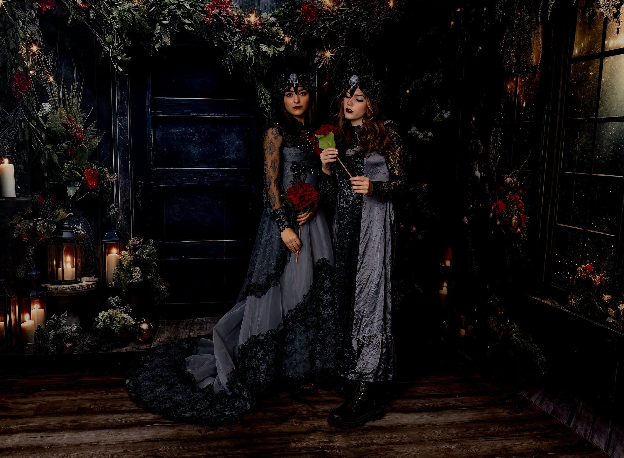 Kate Christmas Holly Window Black Wall Backdrop Designed by Angela Marie Photography -UK