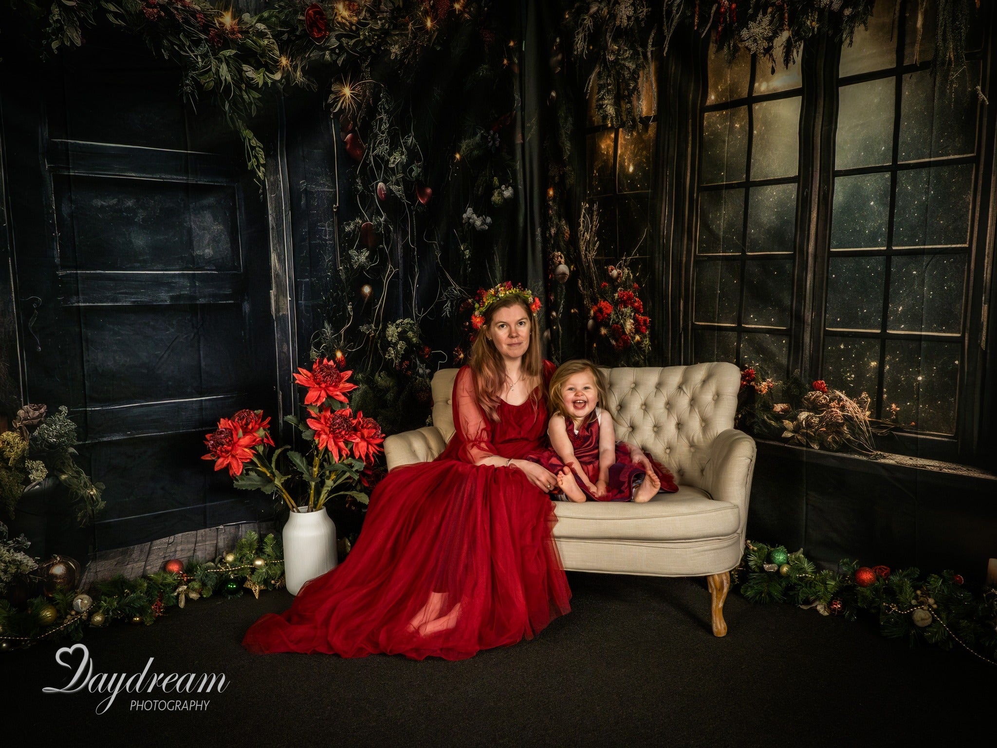 Kate Christmas Holly Window Black Wall Backdrop Designed by Angela Marie Photography -UK