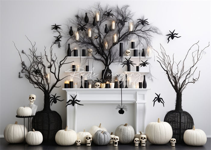 Kate Black & White Halloween Fireplace Backdrop Designed by Lidia Redekopp