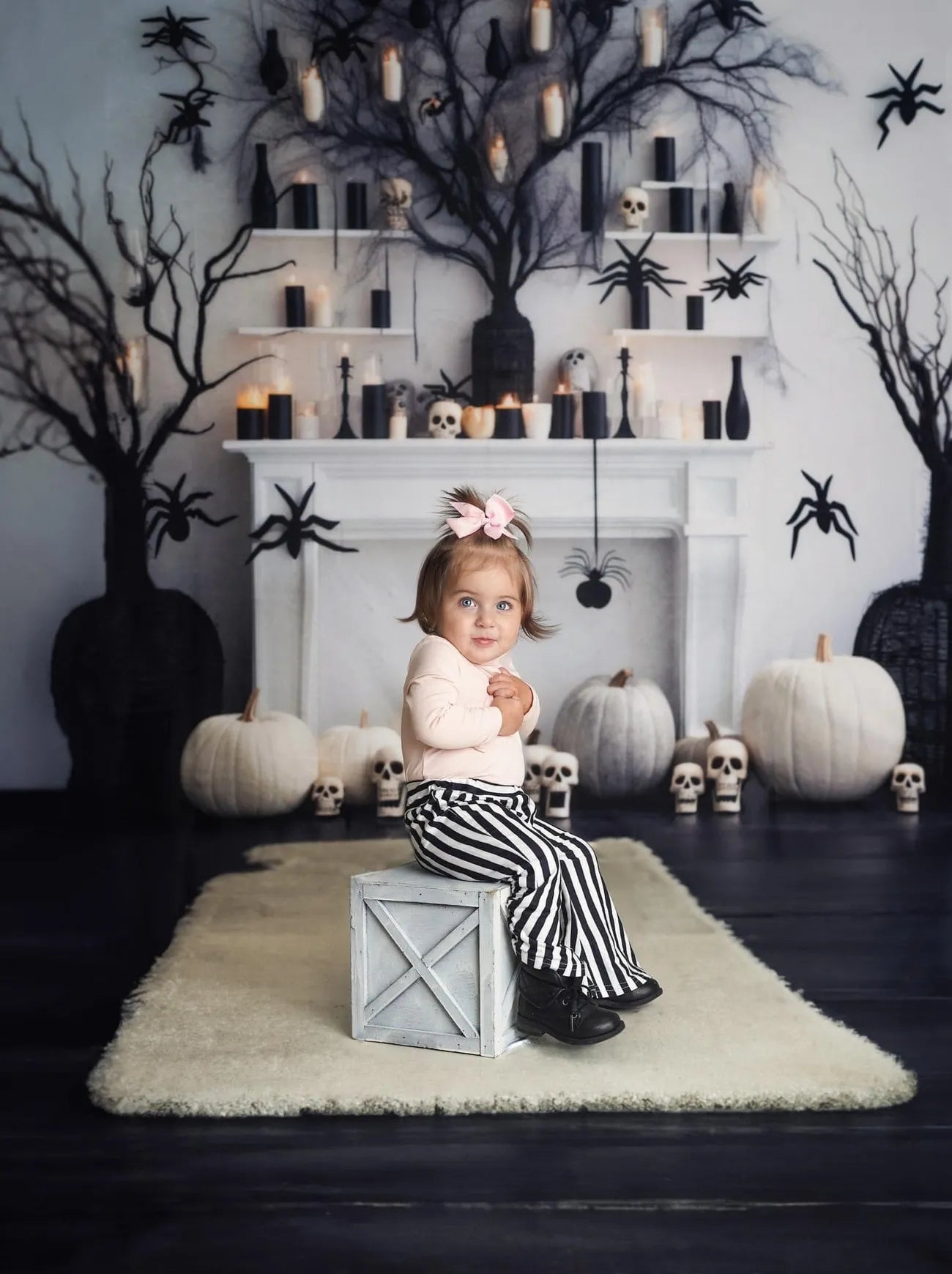 Kate Black & White Halloween Fireplace Backdrop Designed by Lidia Redekopp