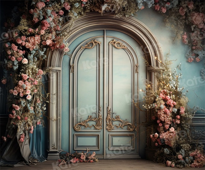 Kate Blue Door Pink Floral Arch Fleece Backdrop Designed by Emetselch -UK