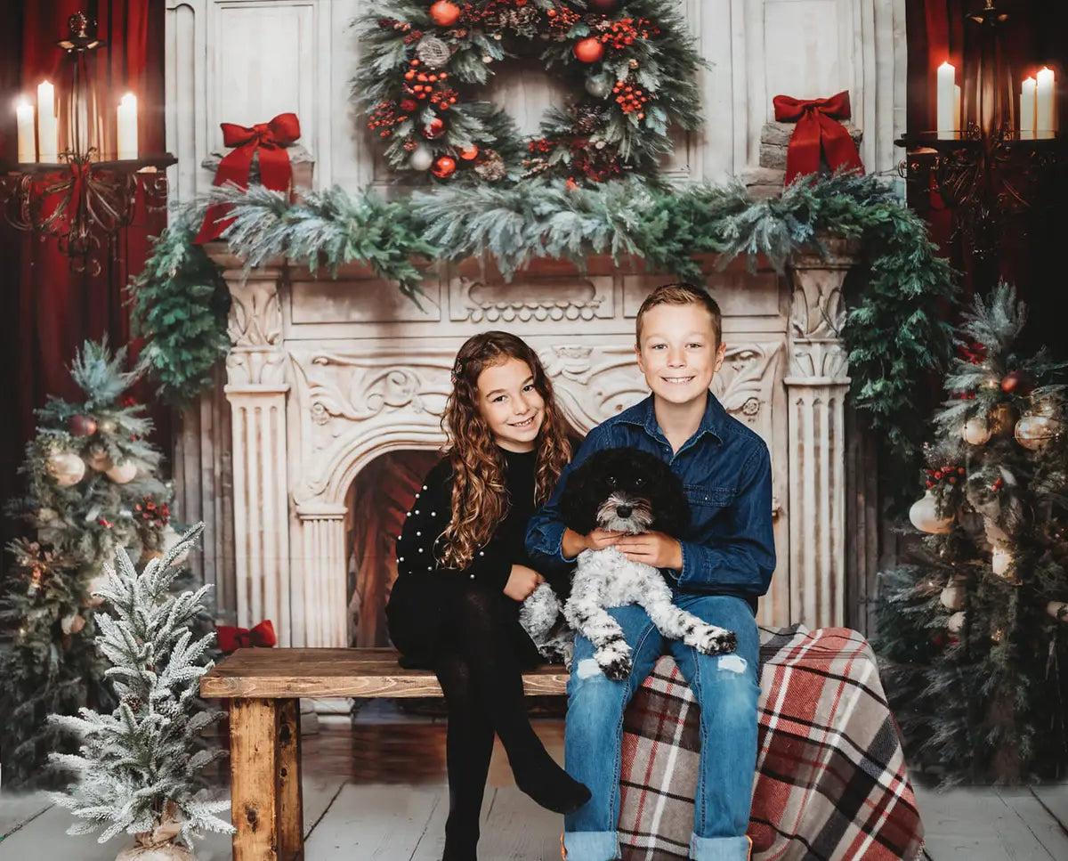 Kate Christmas Tree Fireplace Red Fleece Backdrop Designed by Emetselch -UK