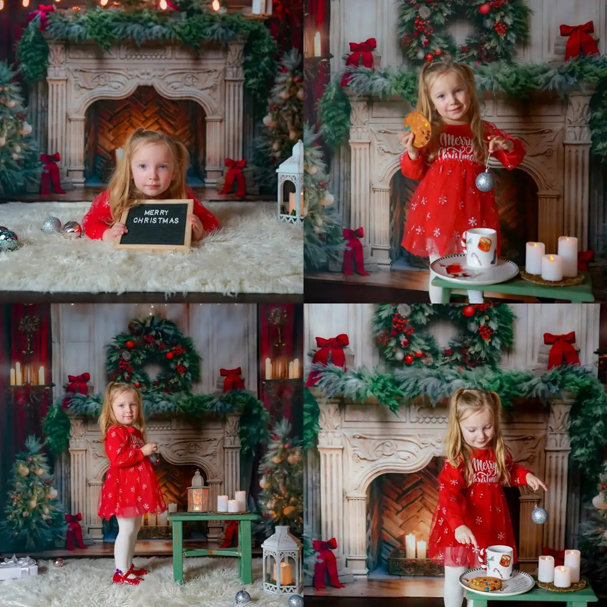 Kate Christmas Tree Fireplace Red Fleece Backdrop Designed by Emetselch -UK
