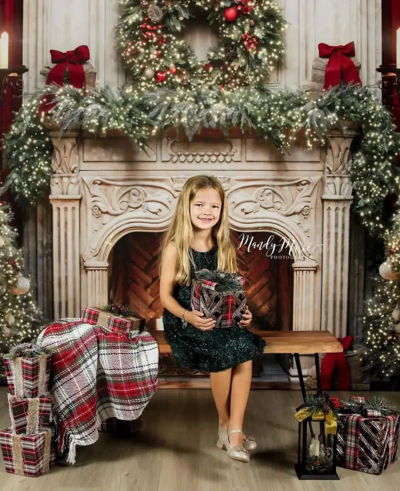 Kate Christmas Tree Fireplace Red Fleece Backdrop Designed by Emetselch -UK