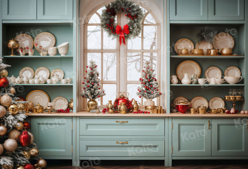 Kate Christmas Green Kitchen Backdrop for Photography -UK