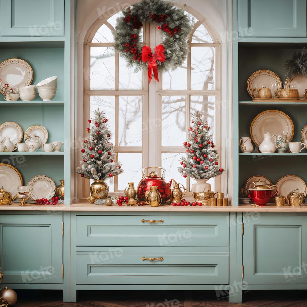Kate Christmas Green Kitchen Backdrop for Photography -UK
