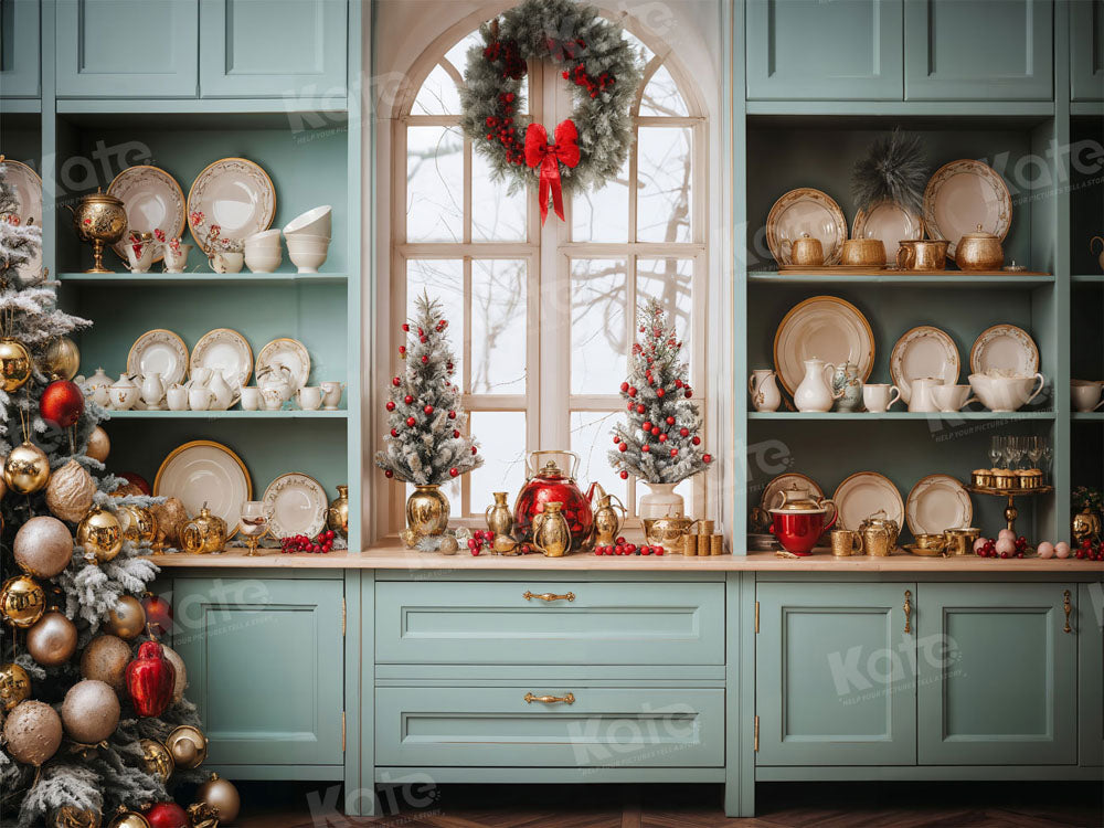 Kate Christmas Green Kitchen Backdrop for Photography -UK