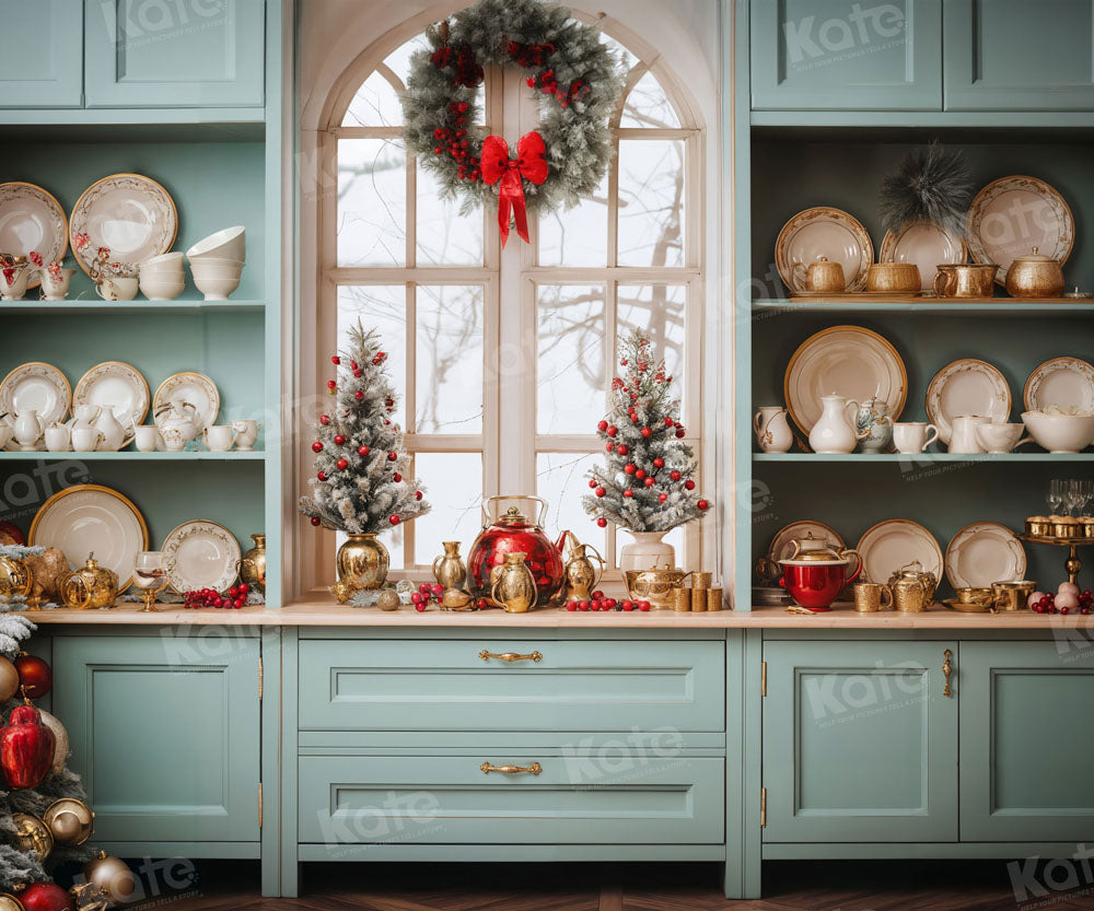 Kate Christmas Green Kitchen Backdrop for Photography -UK