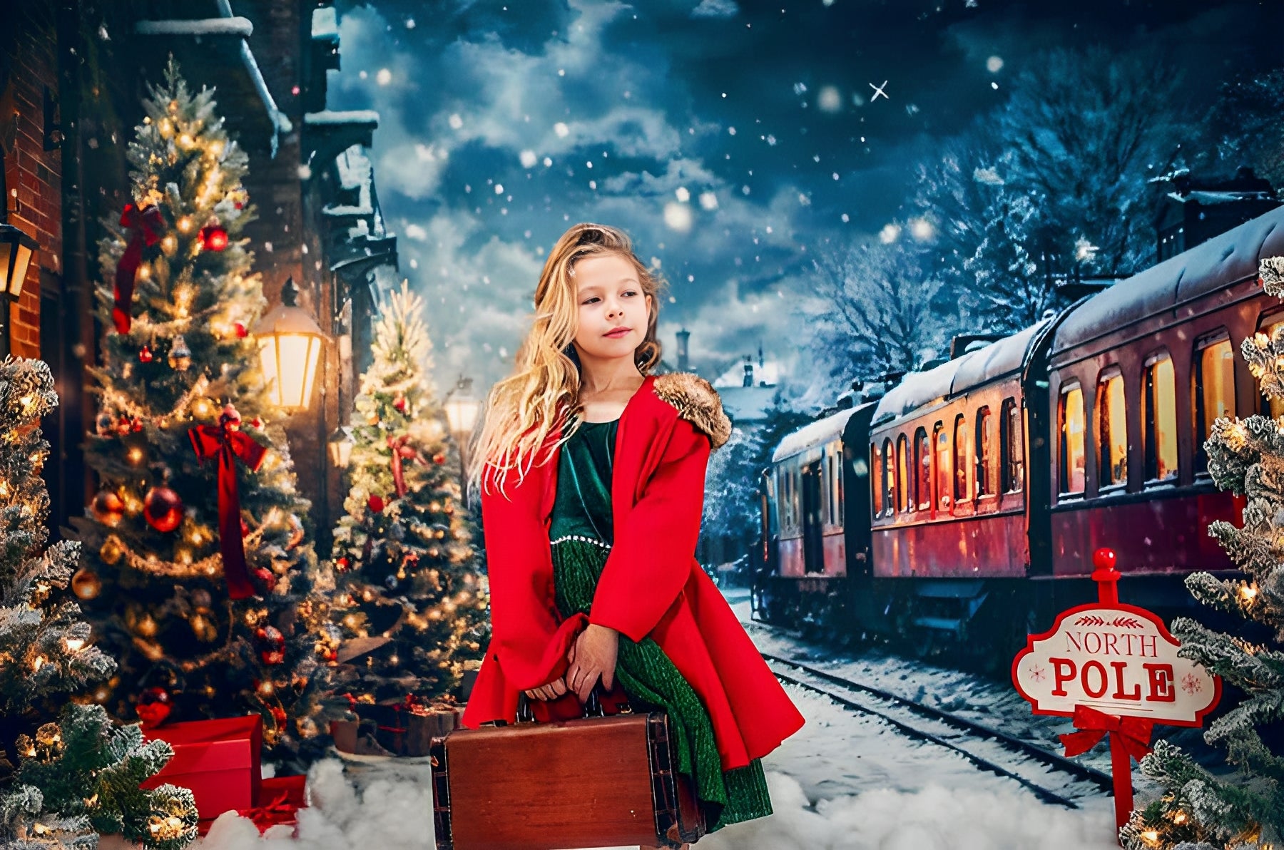 Kate Winter Christmas Tree Train Backdrop Designed by Emetselch -UK