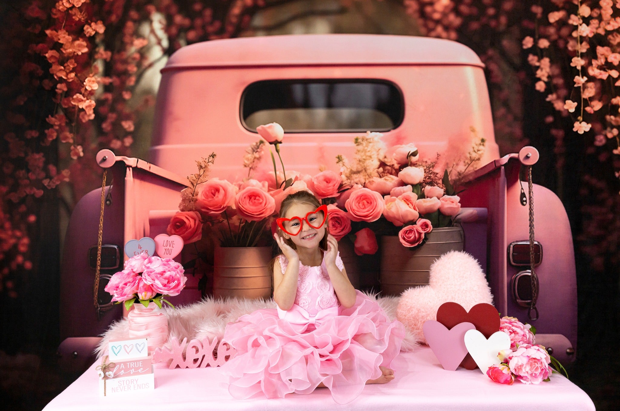 Kate Valentine's Day Pink Flowers Truck Backdrop Designed by Chain Photography