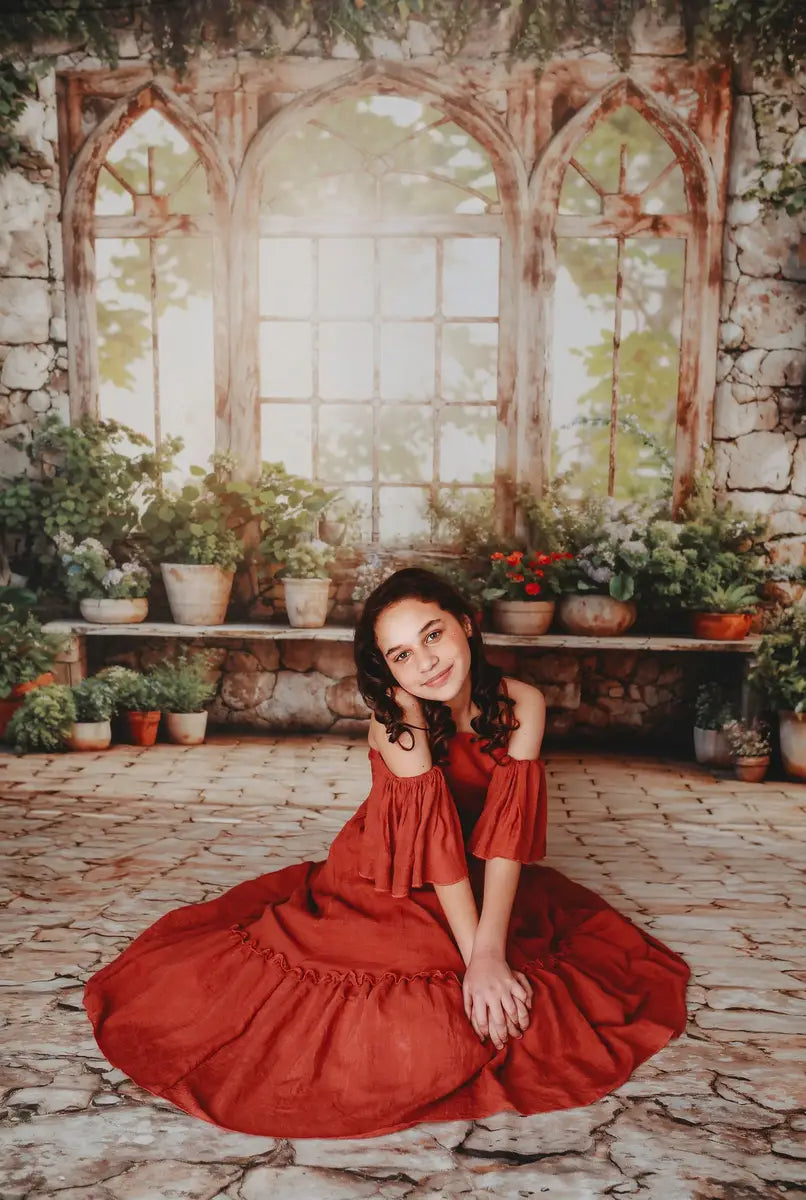 Kate Spring Green Plants Window Backdrop+Rugged Patterned Path Floor Backdrop -UK