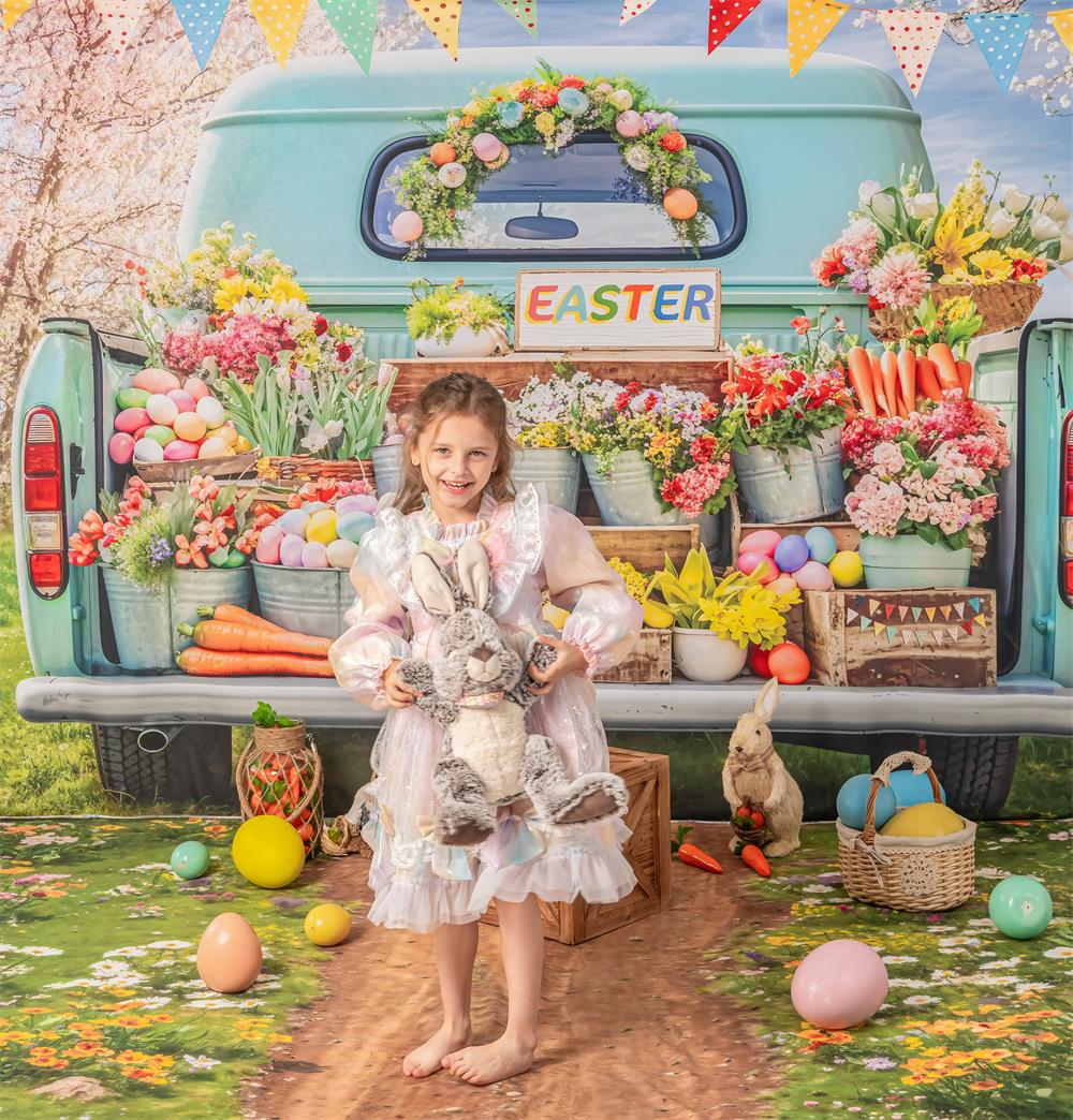 Kate Easter Truck Green Plant Backdrop+Spring Flowers Field Path Floor Backdrop