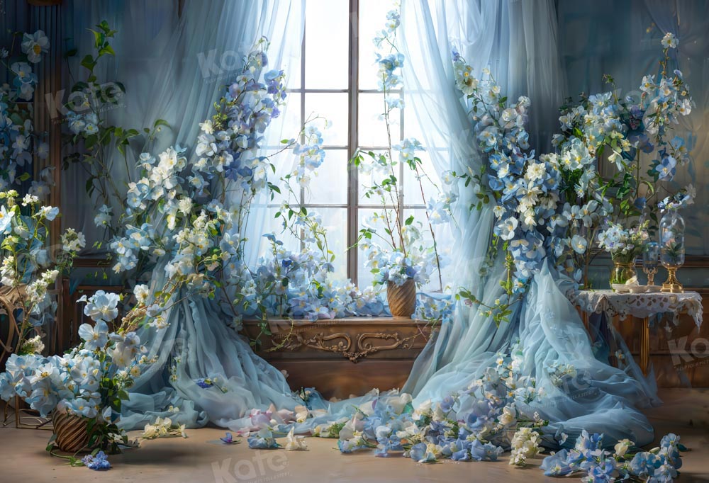 Kate Blue Flower Curtain Window Room Spring Fleece Backdrop Designed by Emetselch