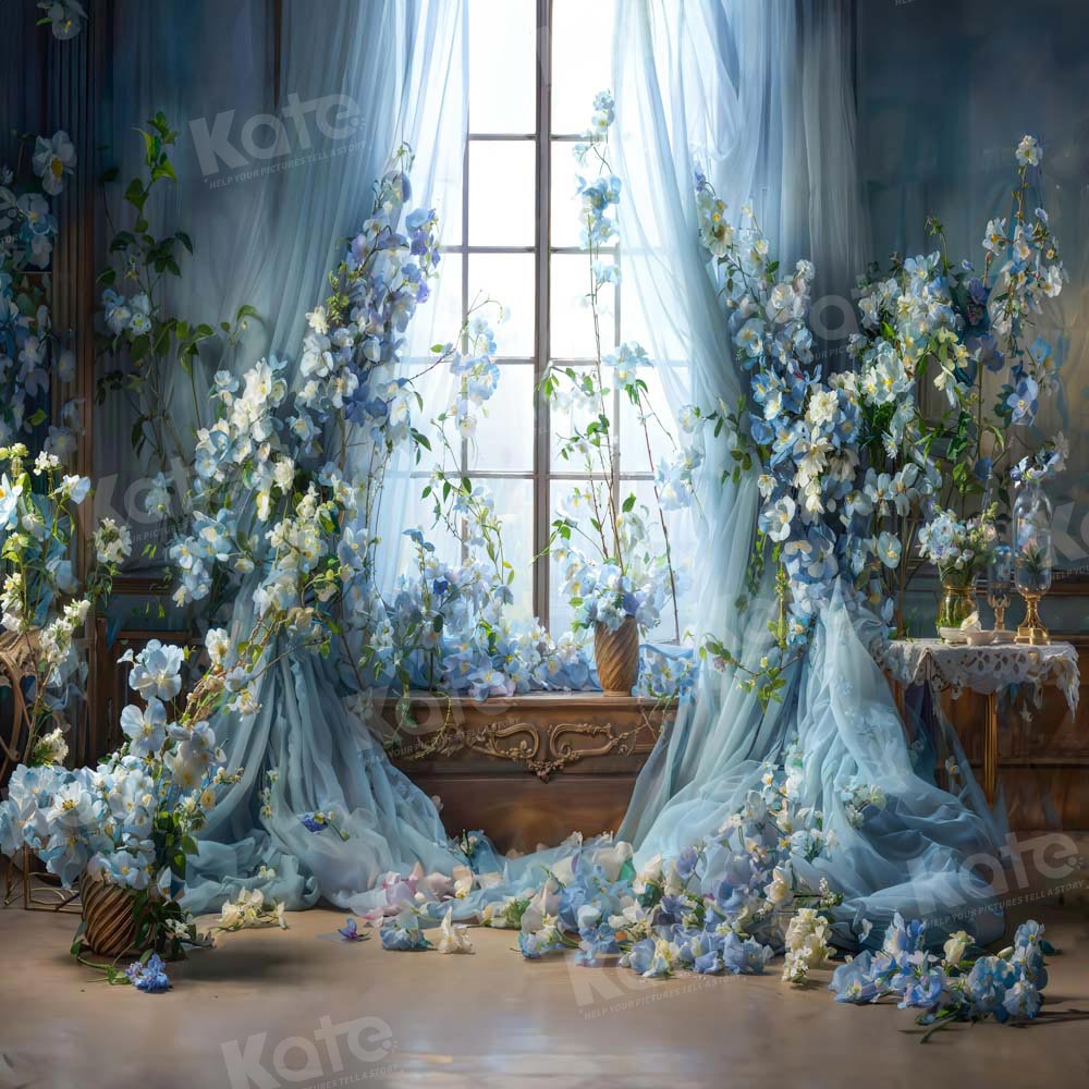 Kate Spring Blue Flower Curtain Window Room Backdrop Designed by Emetselch