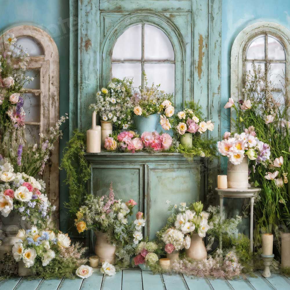 Kate Blue Window Flower Room Backdrop Designed by Emetselch -UK