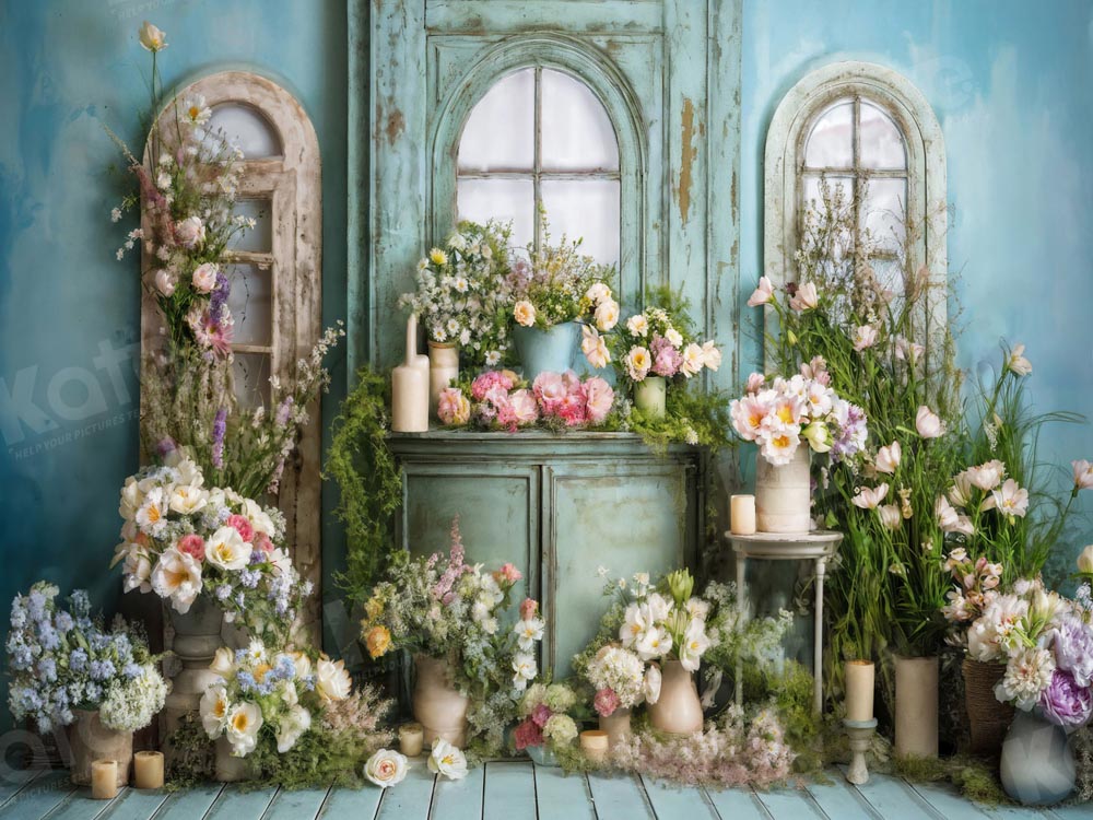 Kate Blue Window Flower Room Backdrop Designed by Emetselch -UK