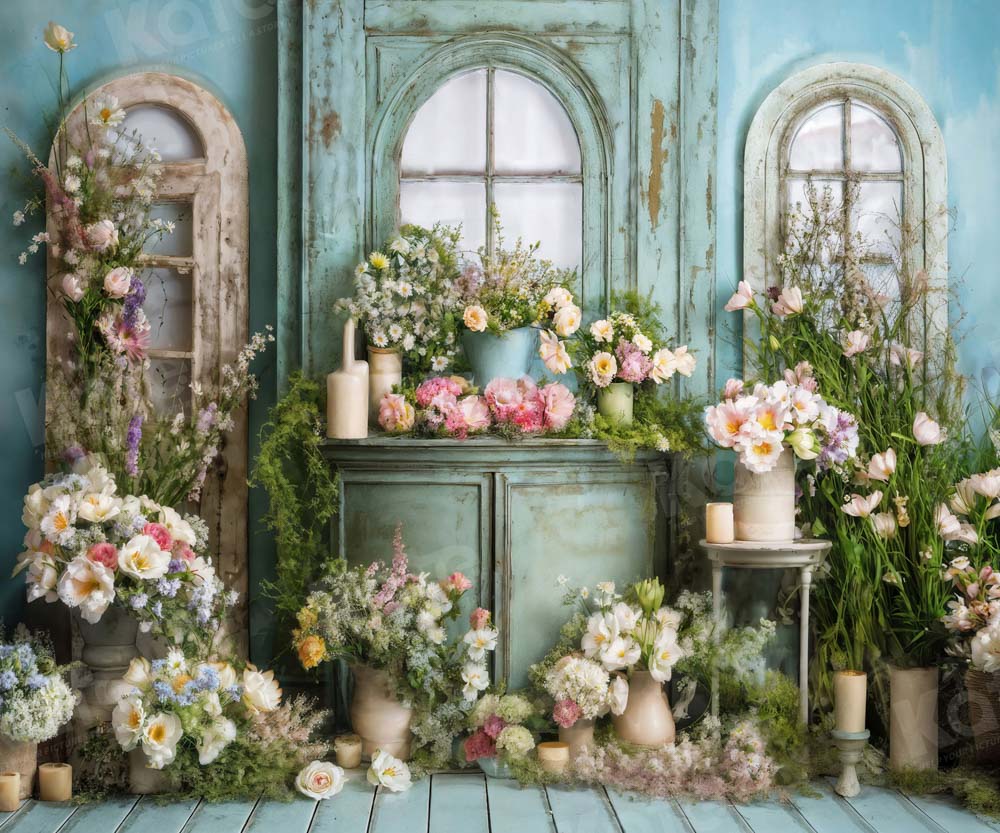 Kate Blue Window Flower Room Backdrop Designed by Emetselch -UK