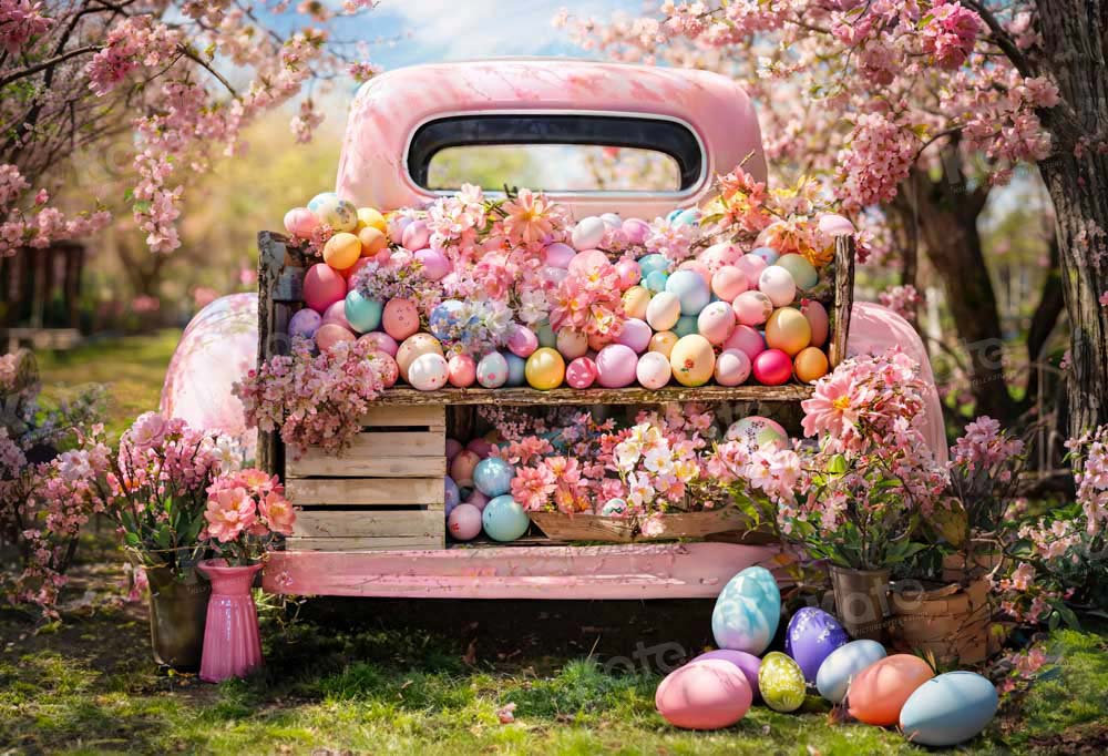 Kate Spring Pink Truck Colorful Easter Egg Backdrop Designed by Emetselch