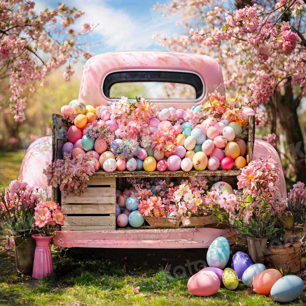 Kate Spring Pink Truck Colorful Easter Egg Backdrop Designed by Emetselch -UK