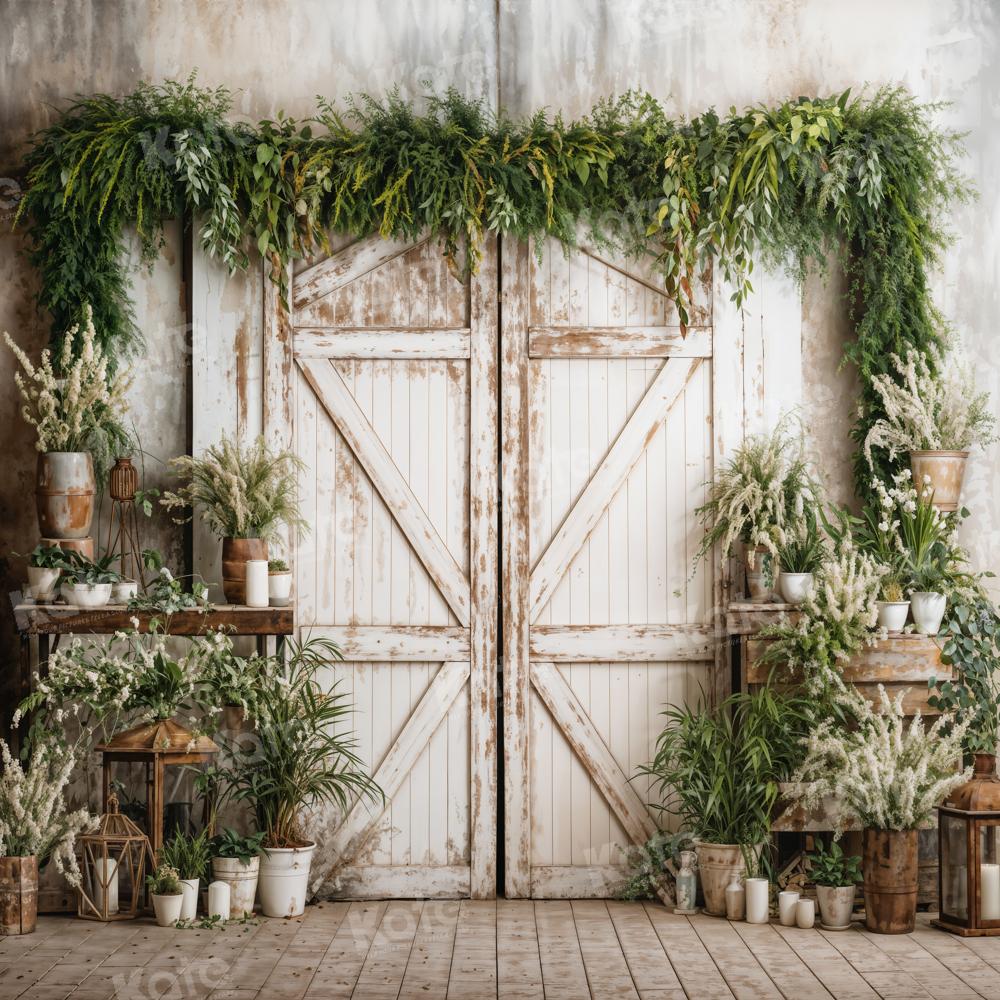 Kate Spring White Barn Door With Green Plants Backdrop Designed by Emetselch -UK