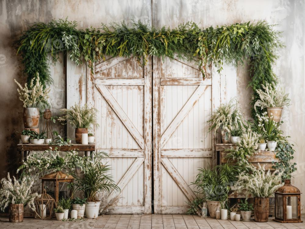 Kate Spring White Barn Door With Green Plants Backdrop Designed by Emetselch